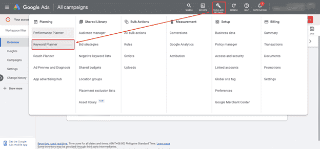 How to navigate to Keyword Planner from the Google Ads dashboard.