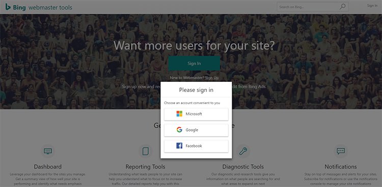 bing webmaster tools sign up