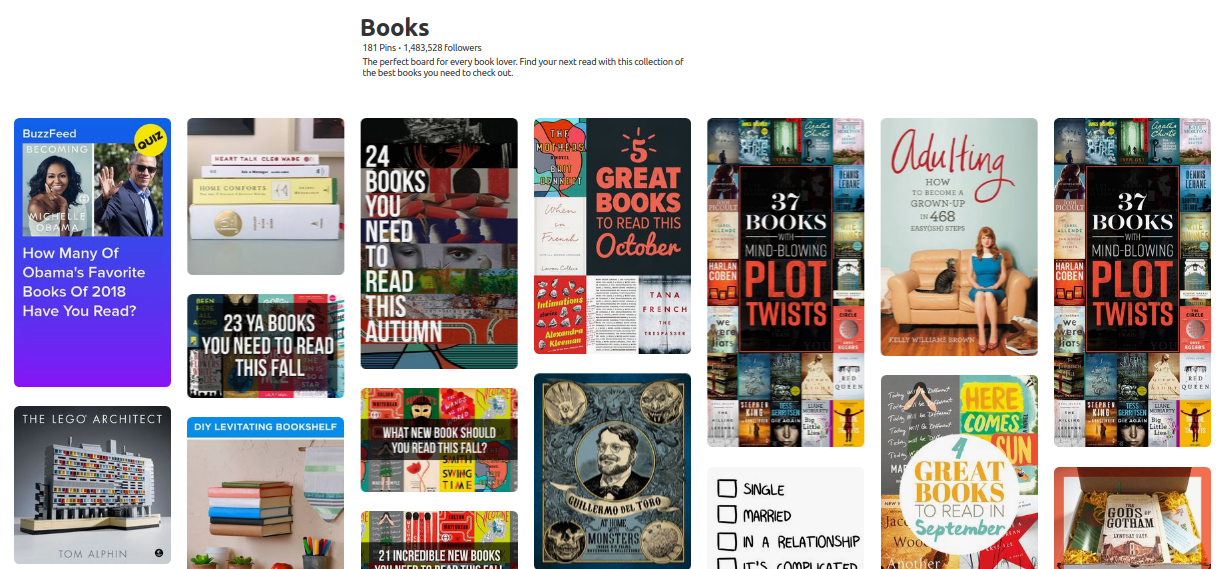 Pinterest page for books