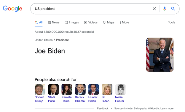 a search for us president returns the knowledge graph