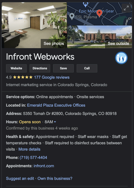 Google Knowledge Graph for Infront Webworks with information from Google My Business.