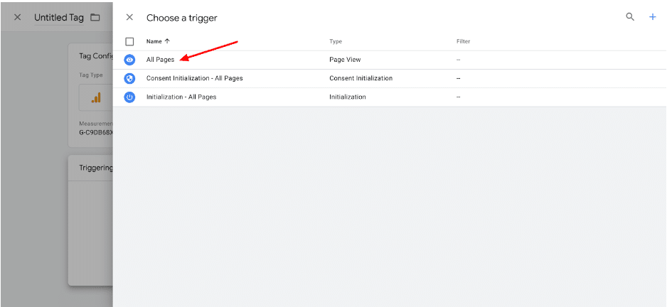 Red arrow pointing to the ‘All Pages’ option on the ‘Choose a trigger’ page