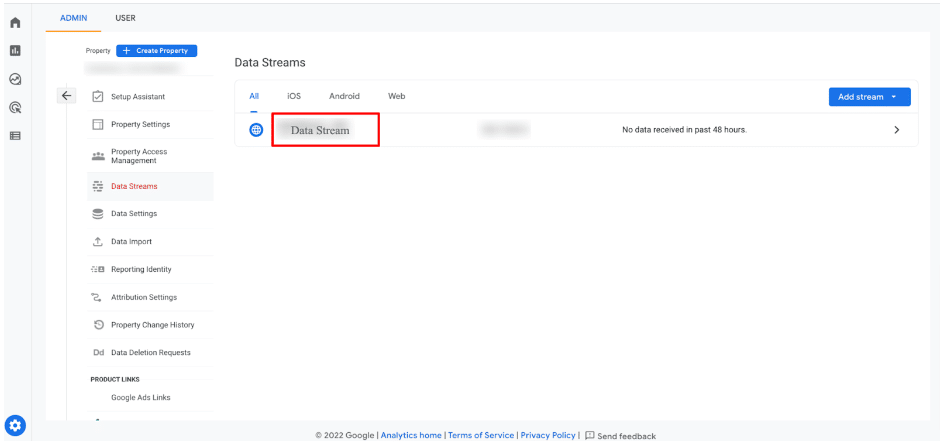 Data stream page with chosen data stream enclosed in a red box