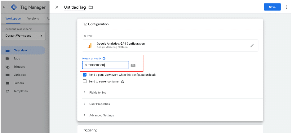 Measurement ID option enclosed in a red box on the tag configuration page