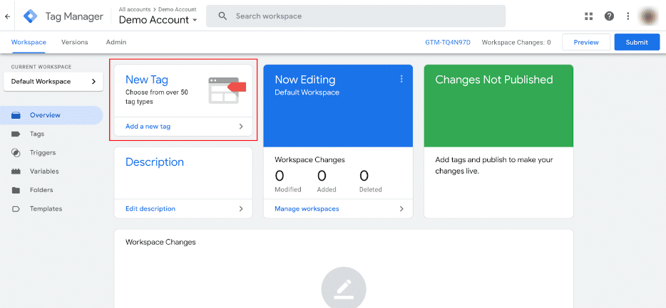 ‘New tag’ option enclosed in a red box on the Google Tag Manager dashboard