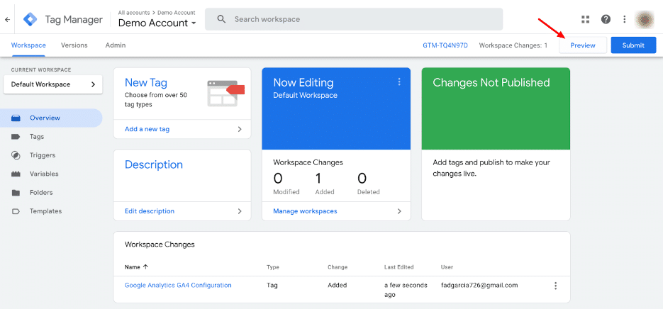 Red arrow pointing to ‘Preview’ option on the Google Tag Manager dashboard