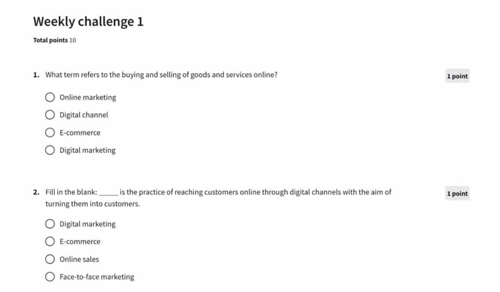 Examples of weekly quizes for the google digital marketing and e-commerce course