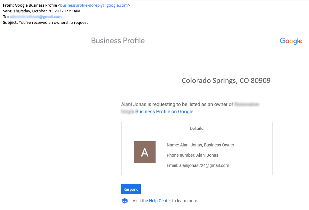 Google Business Profile Ownership Request Email