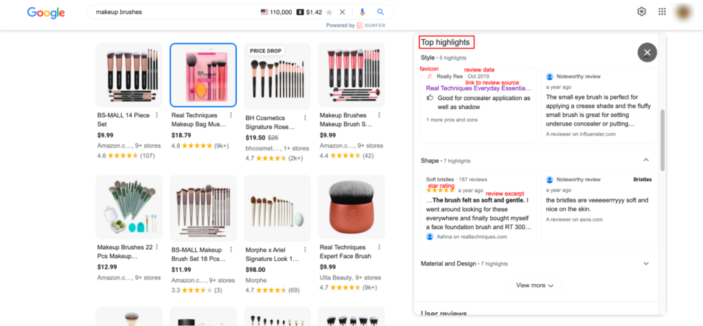 Clicking on Google’s free product listings show a scrollable list of highlights.
