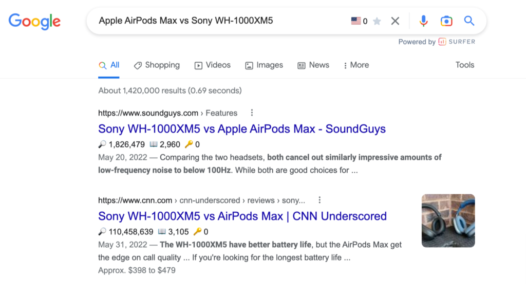 Clicking on the Compare arrow on a product in the Related Products carousel leads you to a SERP comparing the product you clicked on with the original product you searched for