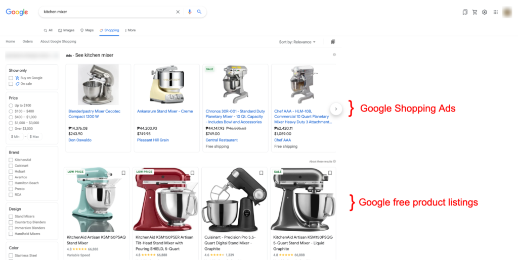 Free product listings appear in the middle of the Google Shopping page — before and after