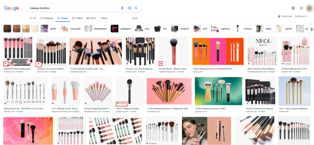 On Google Images, product listings have a small shopping bag icon on the lower left-hand corner of the image