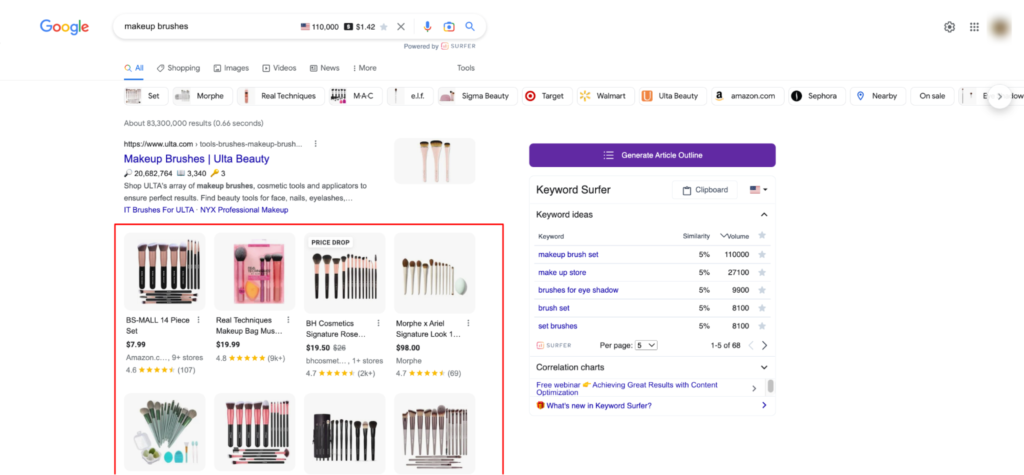 Google shopping carousels appear between search results on the search engine result pages (SERPs)