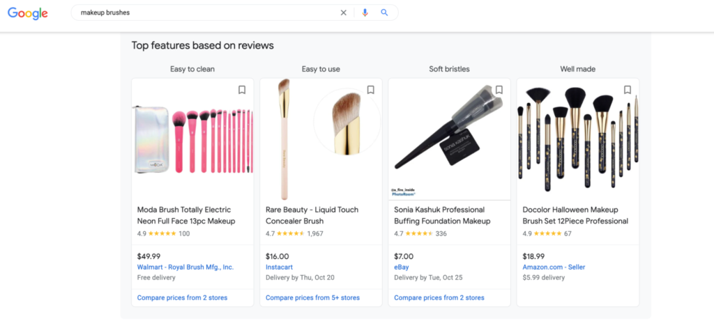 Accessing Google’s free listings on the Shopping tab allows you to see top features based on reviews.
