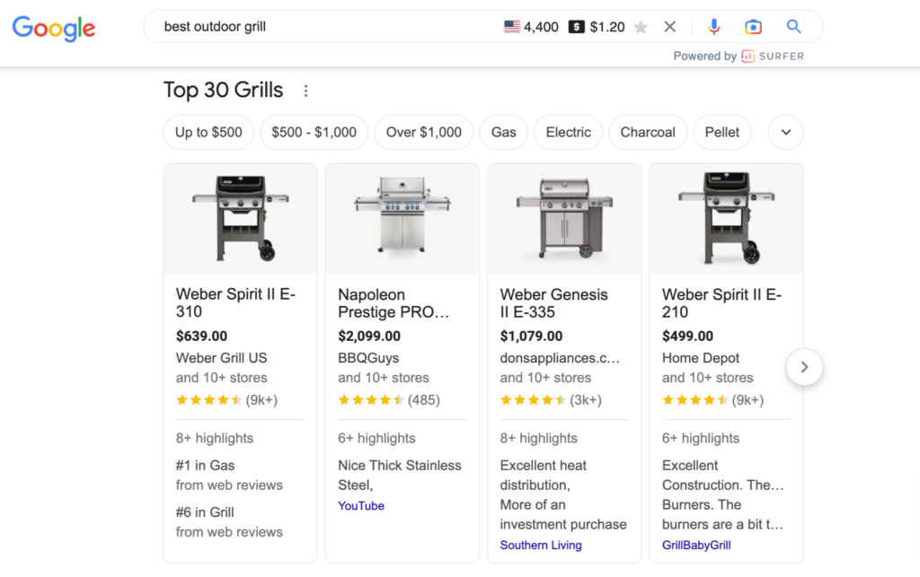 Google’s Top Products carousel