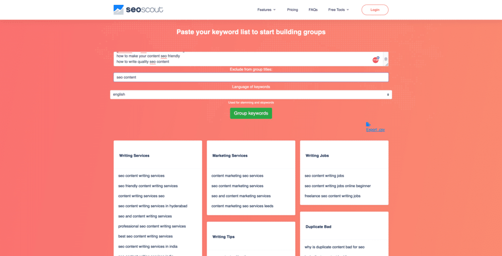 Examples of keyword clusters extracted from SEO Scout’s AI-powered software.