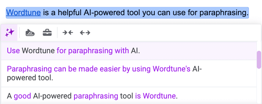 Examples of paraphrased lines written using Wordtune’s AI-powered software