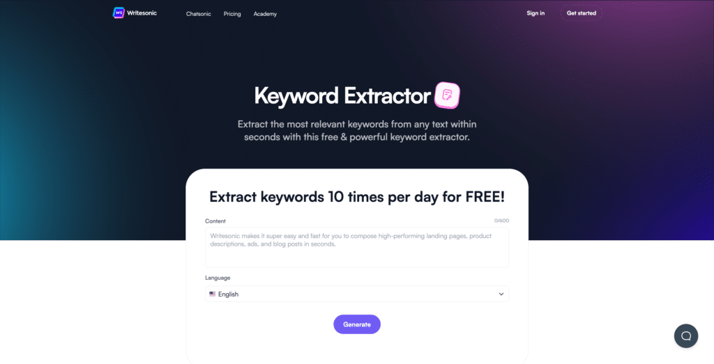 Homepage of Writesonic, a keyword extraction tool.